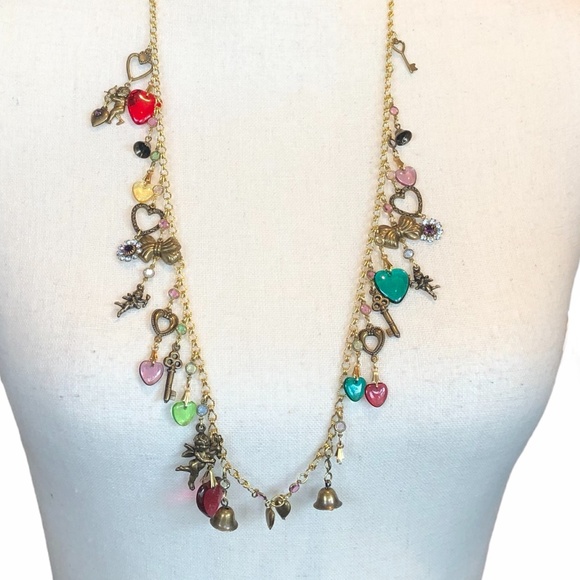 Vintage Jewelry - VINTAGE CHARM NECKLACE WITH CUPIDS, HEARTS , BELLS, KEYS & FLOWERS